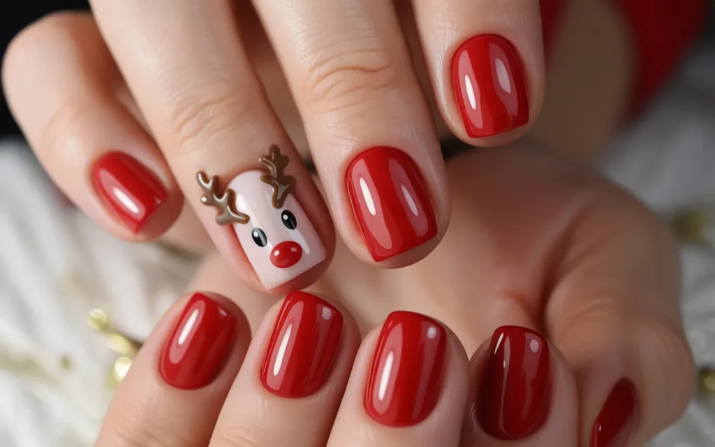 Red Christmas Nails with Rudolph Art