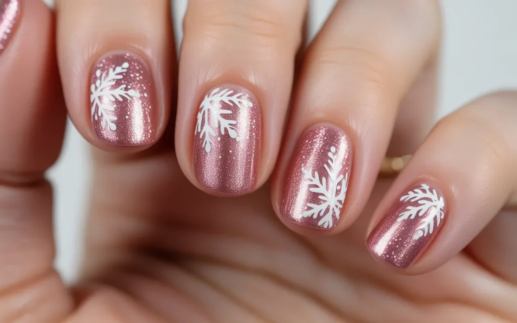 Pink Glitter Snowflake Nails