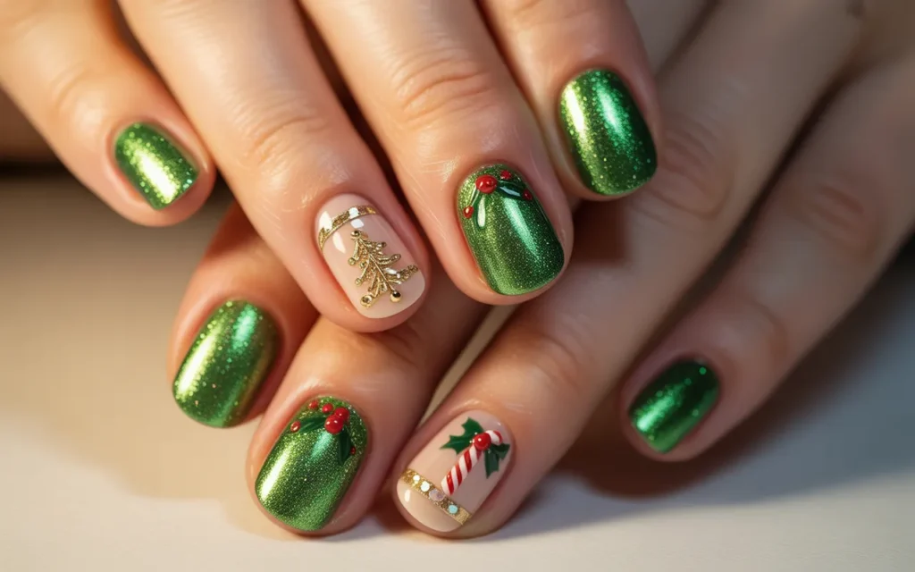Green Glitter Holiday Nails
