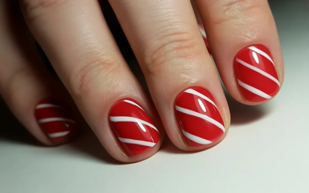 Red Christmas Nails with Candy Cane Stripes