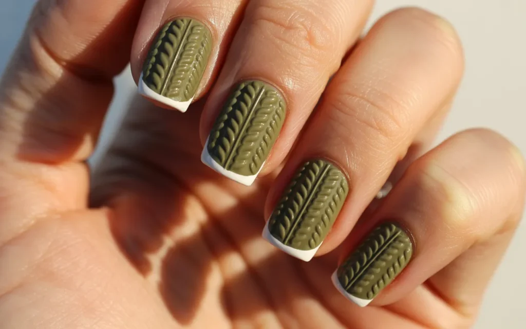 Olive Green Cable-Knit Nails