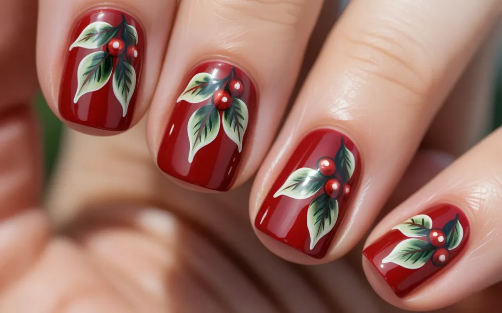 Red Christmas Nails with Holly Leaves