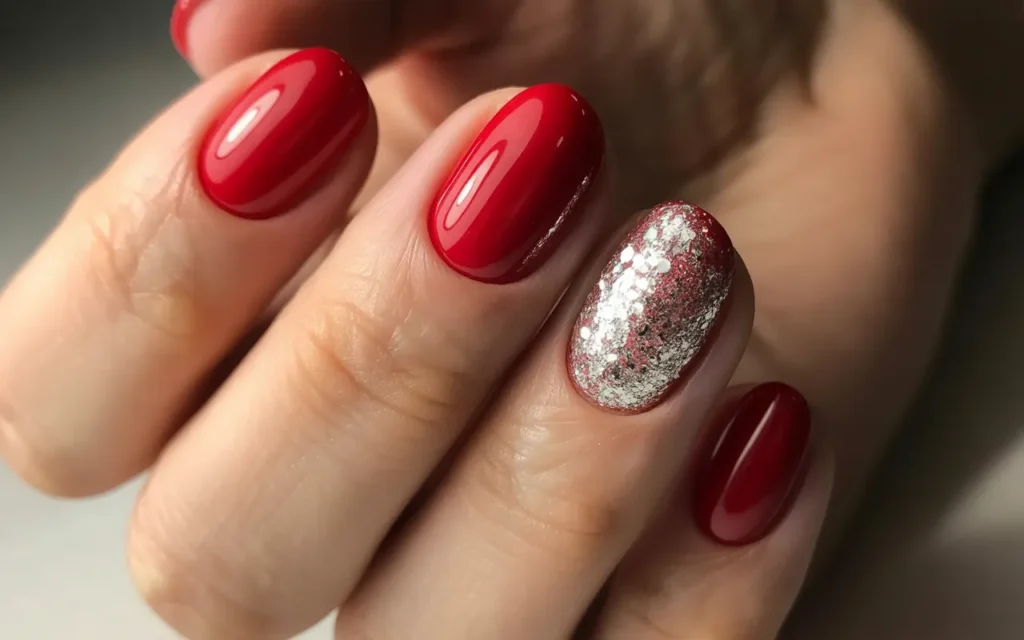 Red Christmas Nails with Silver Glitter Accents