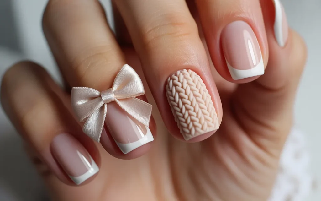White French Knit Accent Nails