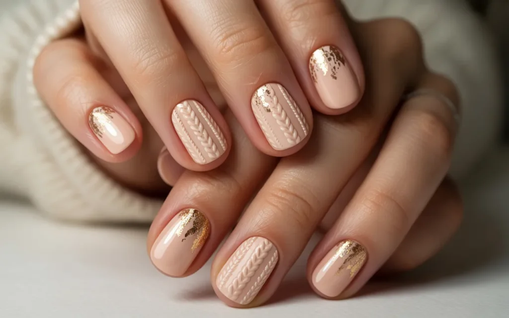 Nude and Gold Glitter Sweater Nails