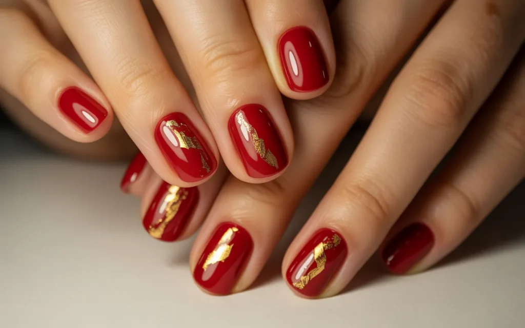 Red Christmas Nails with Gold Foil