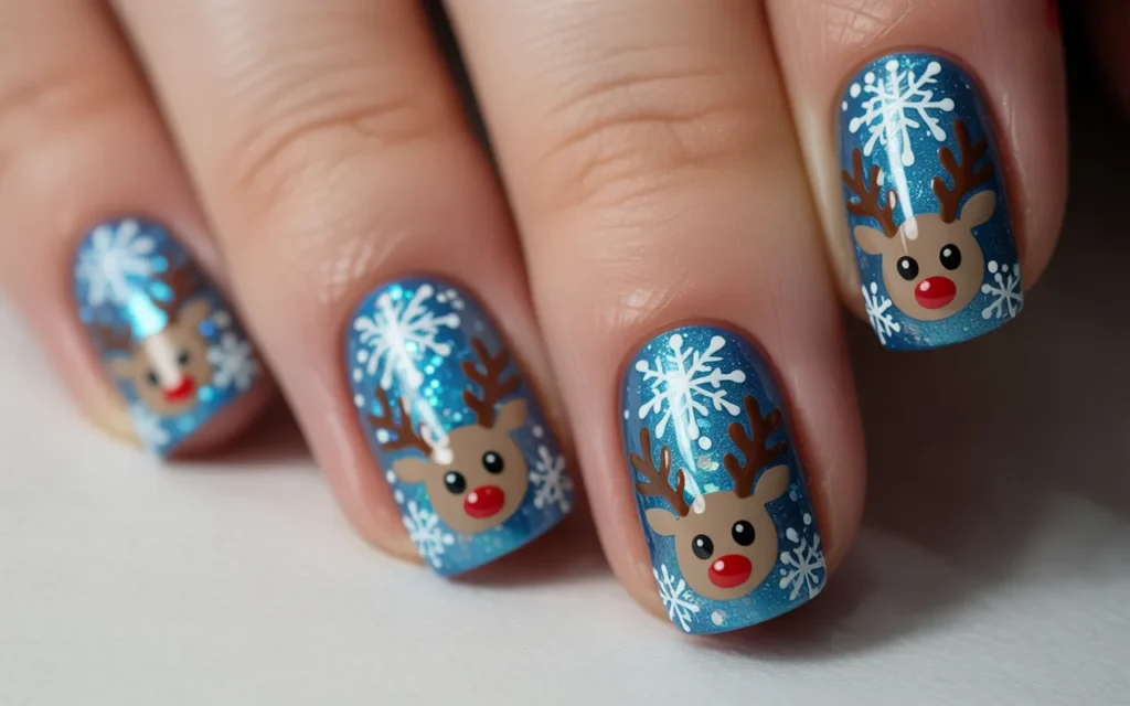 Blue Glitter Reindeer Nails