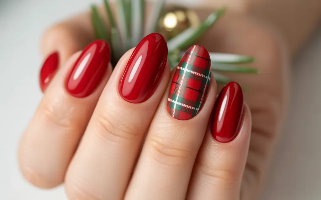Red Christmas Nails with Plaid Accents