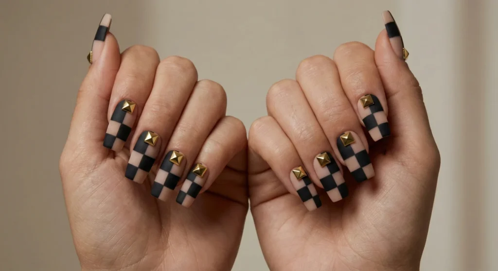21. Black Checkered Valentine Nails
