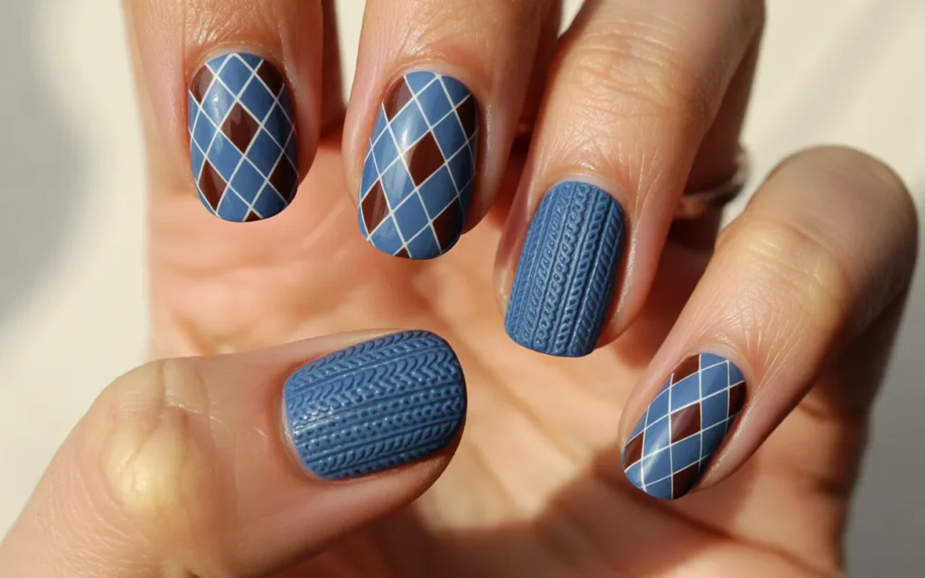 Blue and Brown Argyle Sweater Nails
