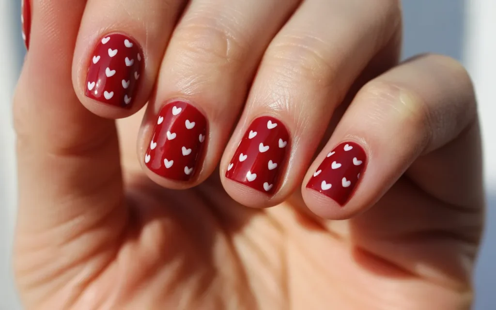 Red Christmas Nails with Heart Accents