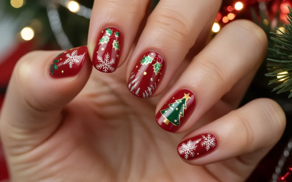 Red Christmas Nails with Mixed Patterns