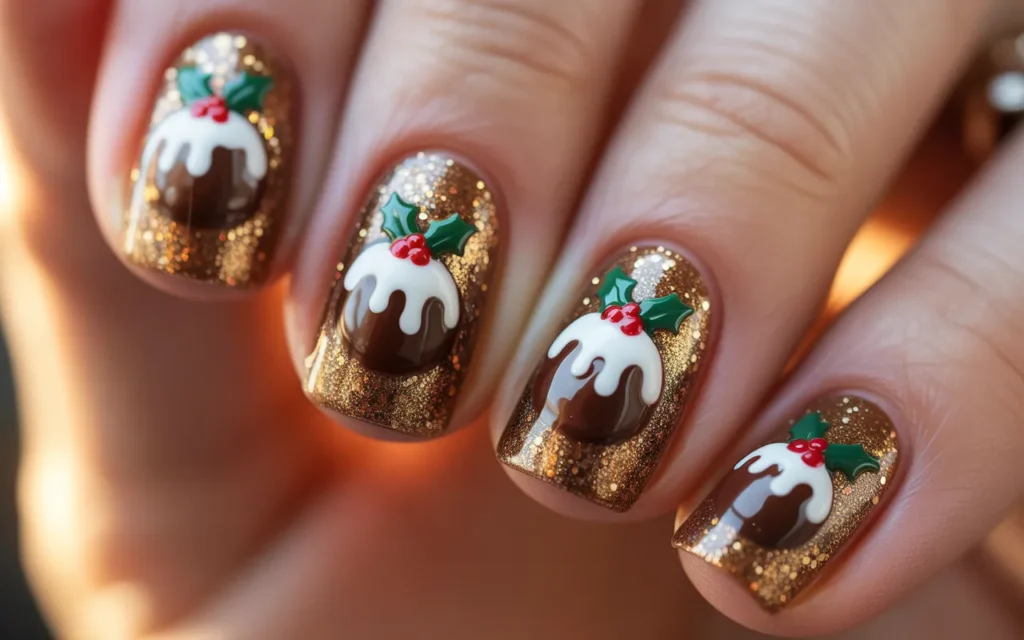 Brown Glitter Christmas Pudding Nails