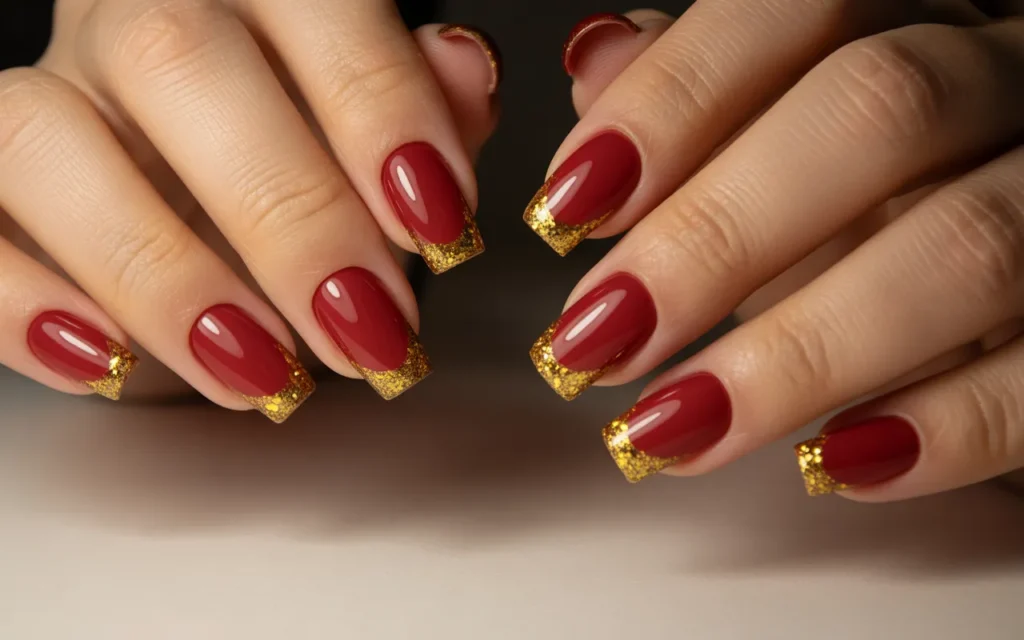 Red Christmas Nails with Gold Glitter Tips