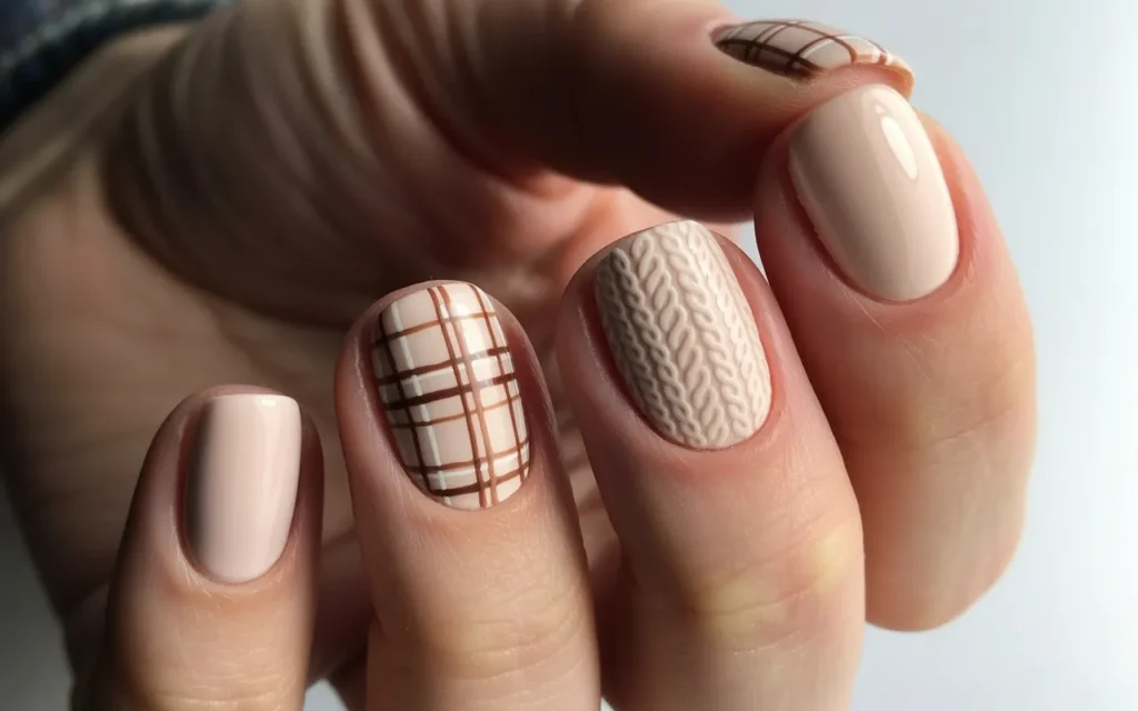 Beige Plaid Sweater Nails