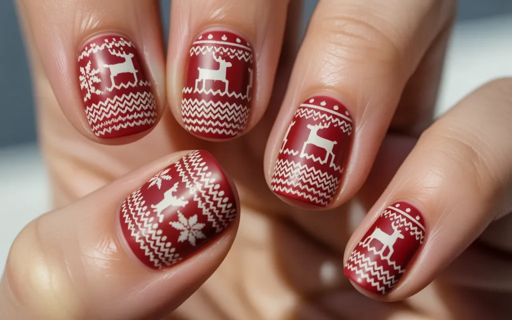 Cozy Sweater-Texture Red Christmas Nails