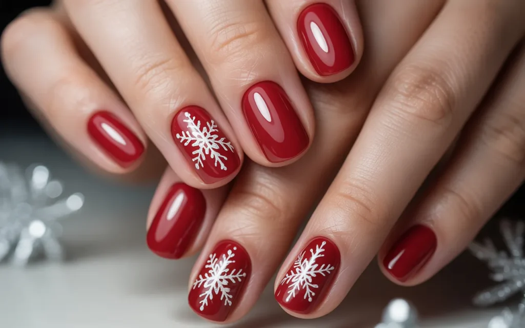 Red Christmas Nails with Snowflakes