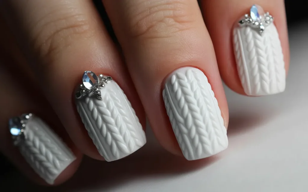 Rhinestone-Accented White Sweater Nails
