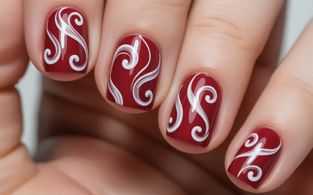 Red Christmas Nails with White Swirls