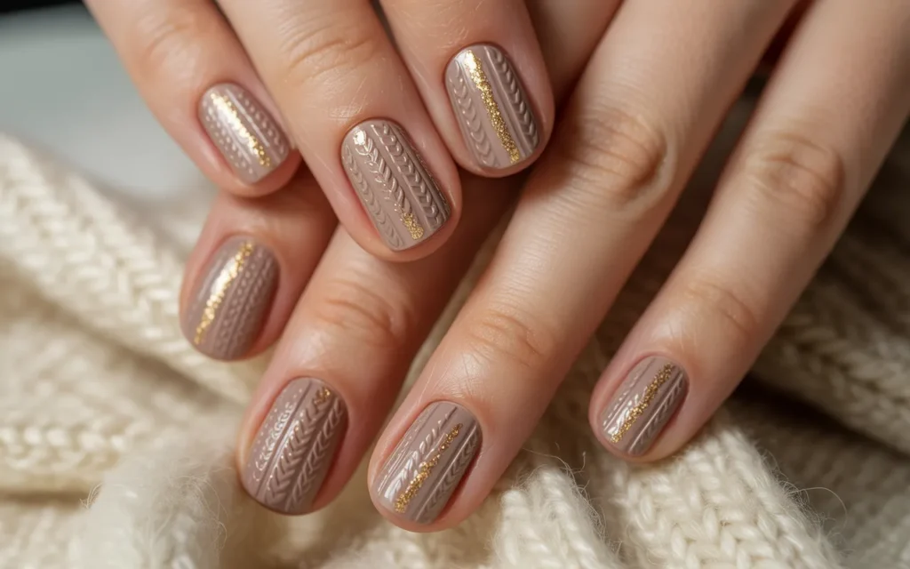 Taupe and Glitter Winter Nails
