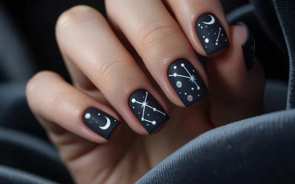 29. Black Celestial Valentine Nails