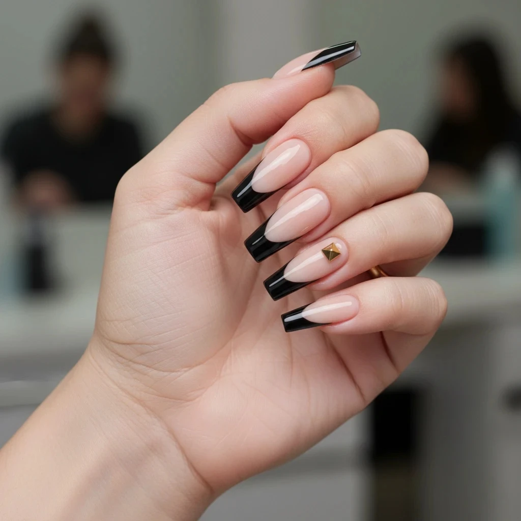 Black Chrome French Valentine Nails