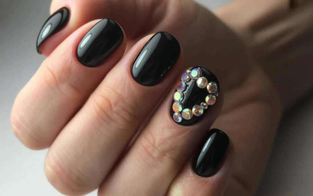 Black Jewel-Encrusted Valentine Nails