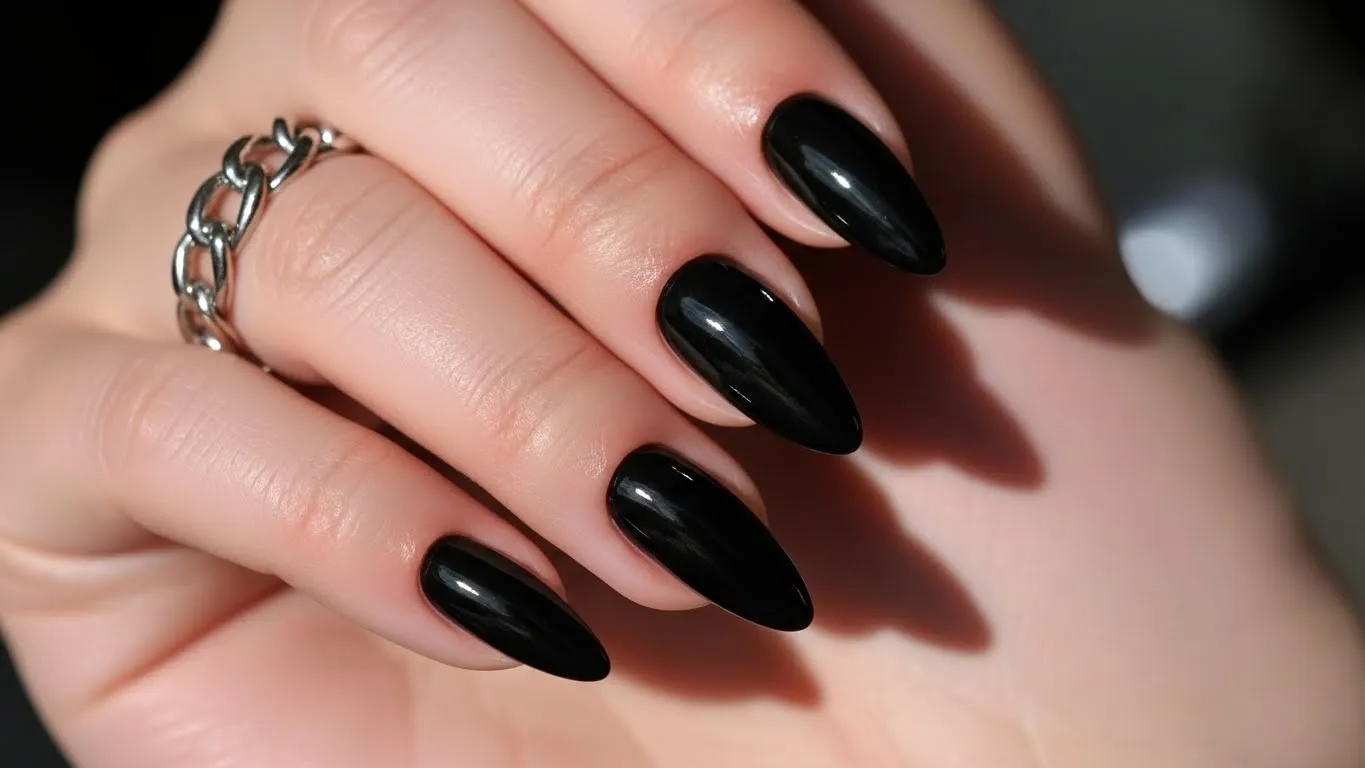 Classic Glossy Black Valentines Day Nails
