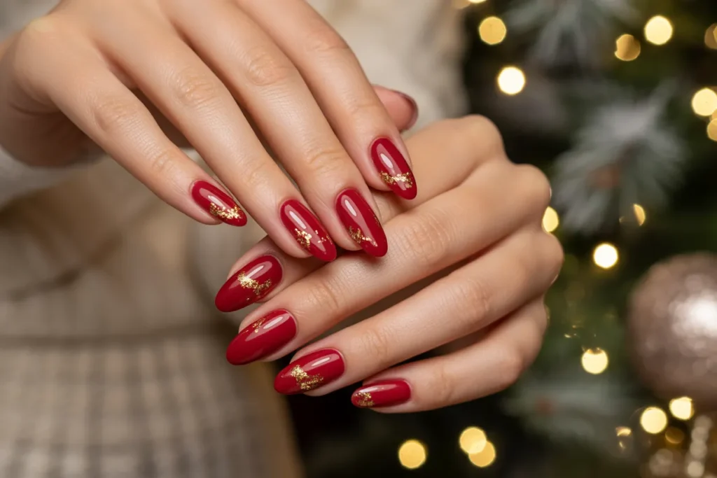 Red and Gold Almond-Shaped Nails with Glitter Accents