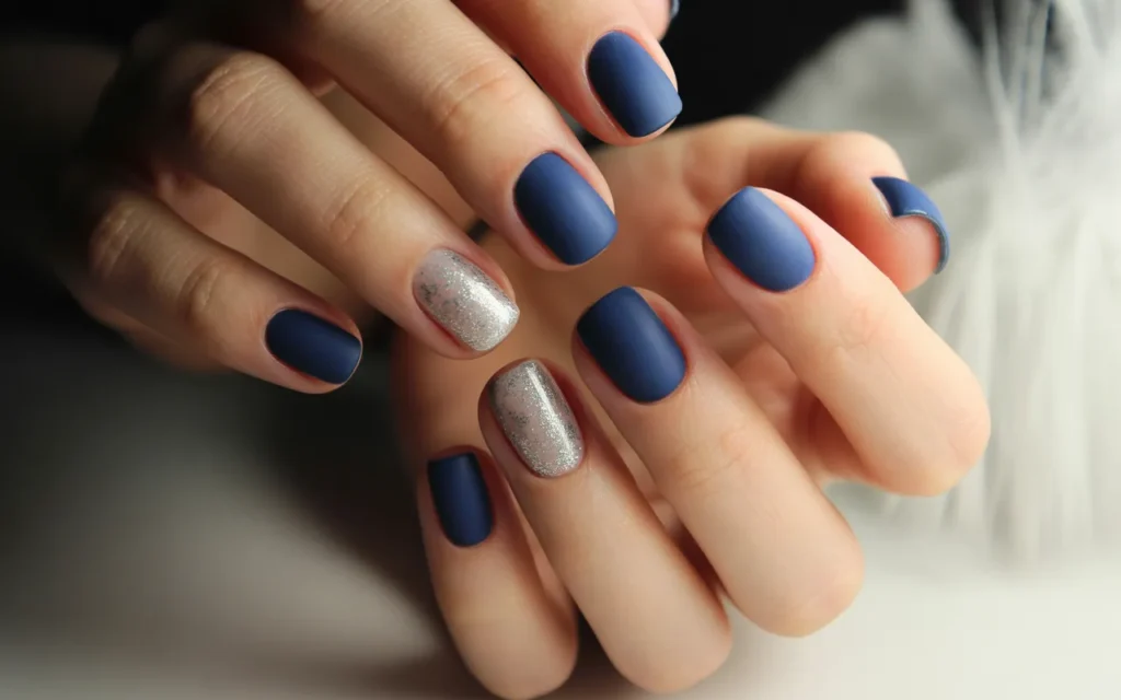 Matte Dark Blue with Silver Glitter Tips
