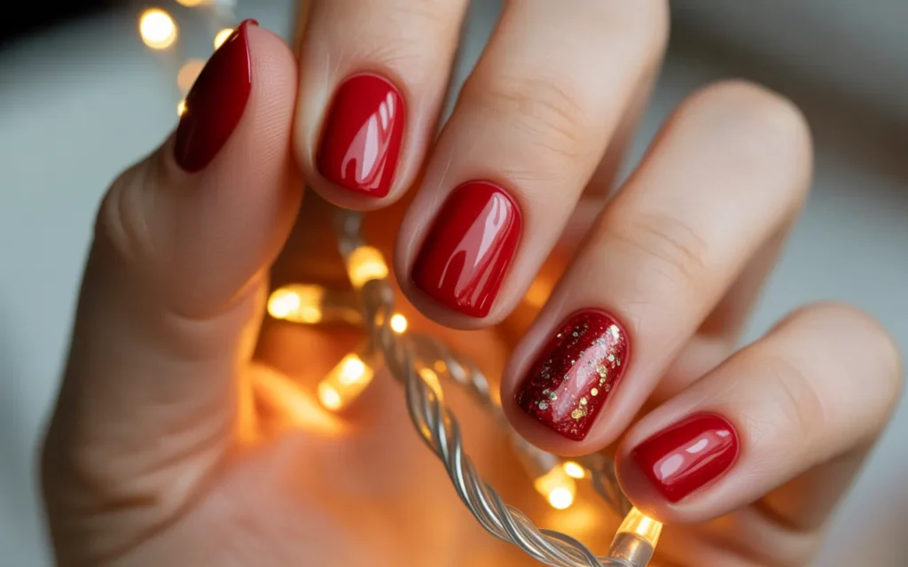 Classic Red Nails with Glitter Glow