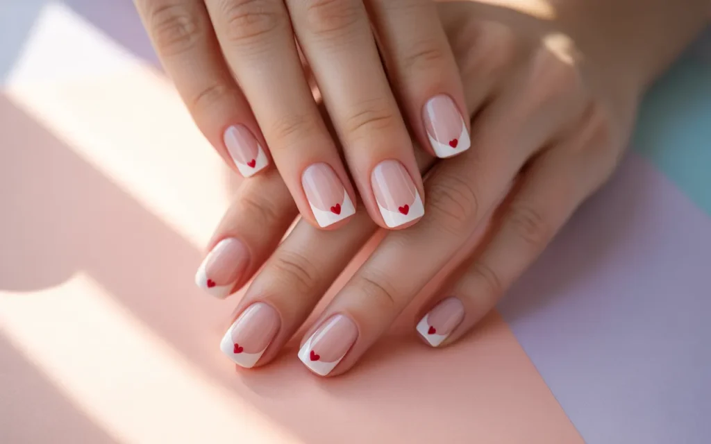 Classic White French Tips with Red Hearts