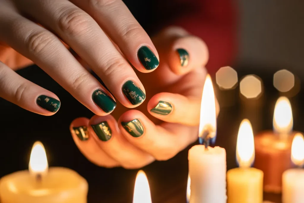 Gold Foil Accents on Dark Green Nails