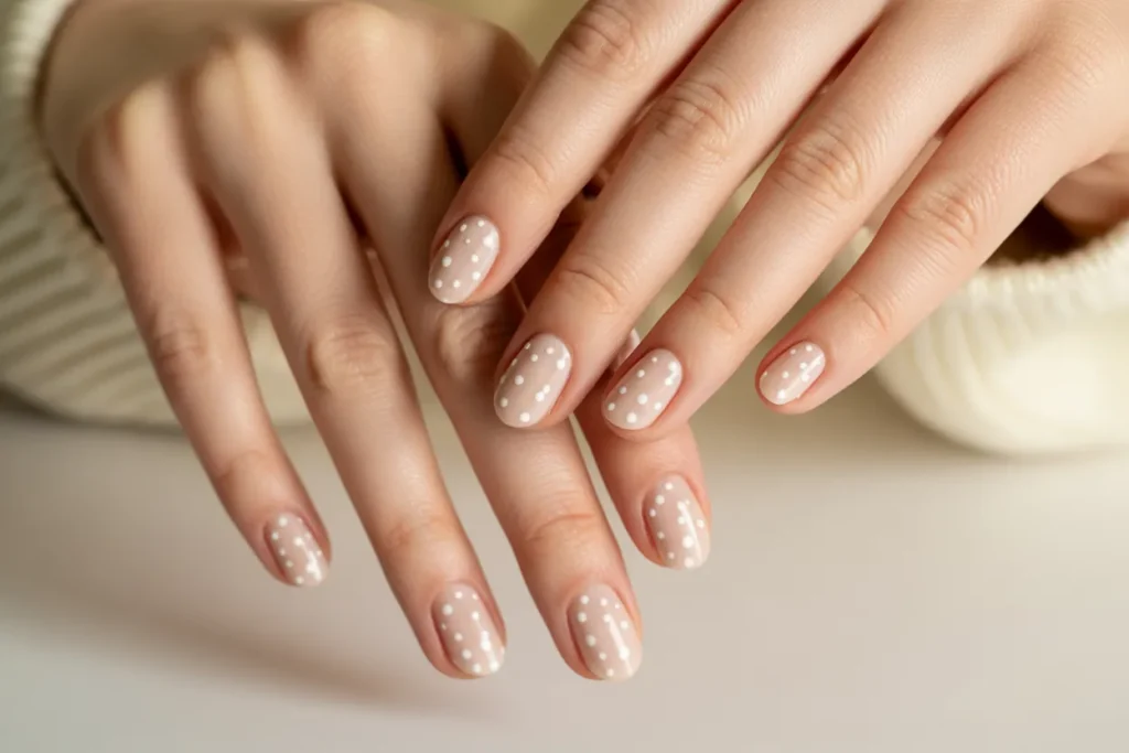 Nude Nails with White Snowy Dots