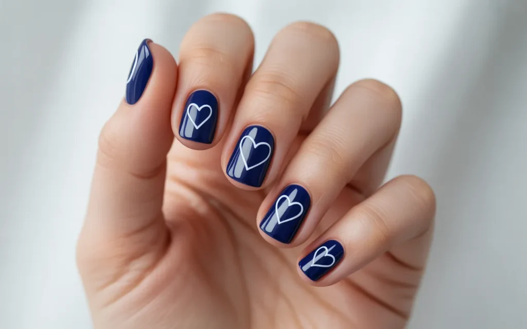 Navy Blue Nails with Heart Outline