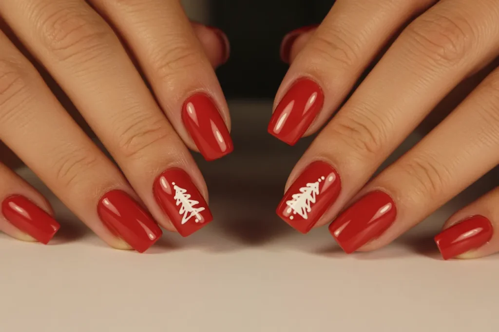Red Nails with Minimalist White Christmas Trees