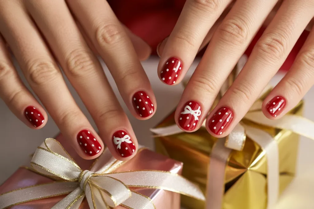 Red Nails with White Polka Dots and Mini Bows