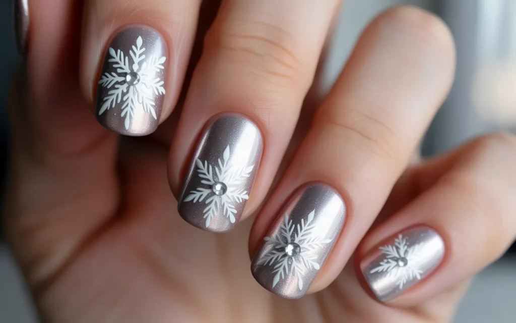 Metallic Silver Nails with Snowflakes
