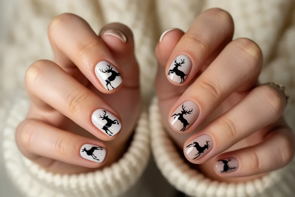 Short Nails with Reindeer Silhouettes