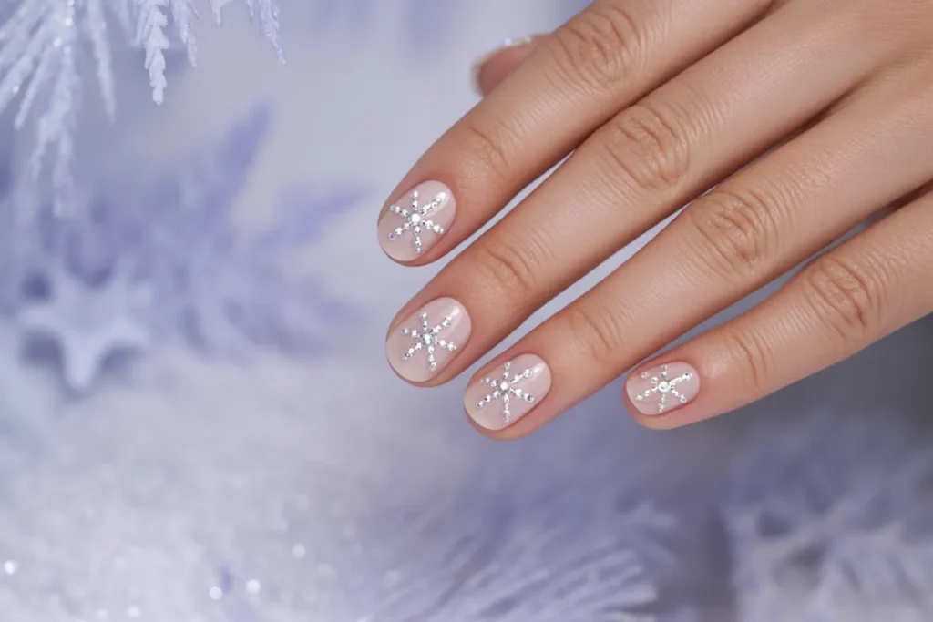 Nude Nails with Crystal Snowflake Accents