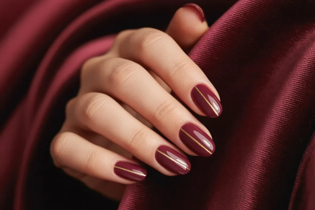 Deep Wine Nails with Gold Striping Tape
