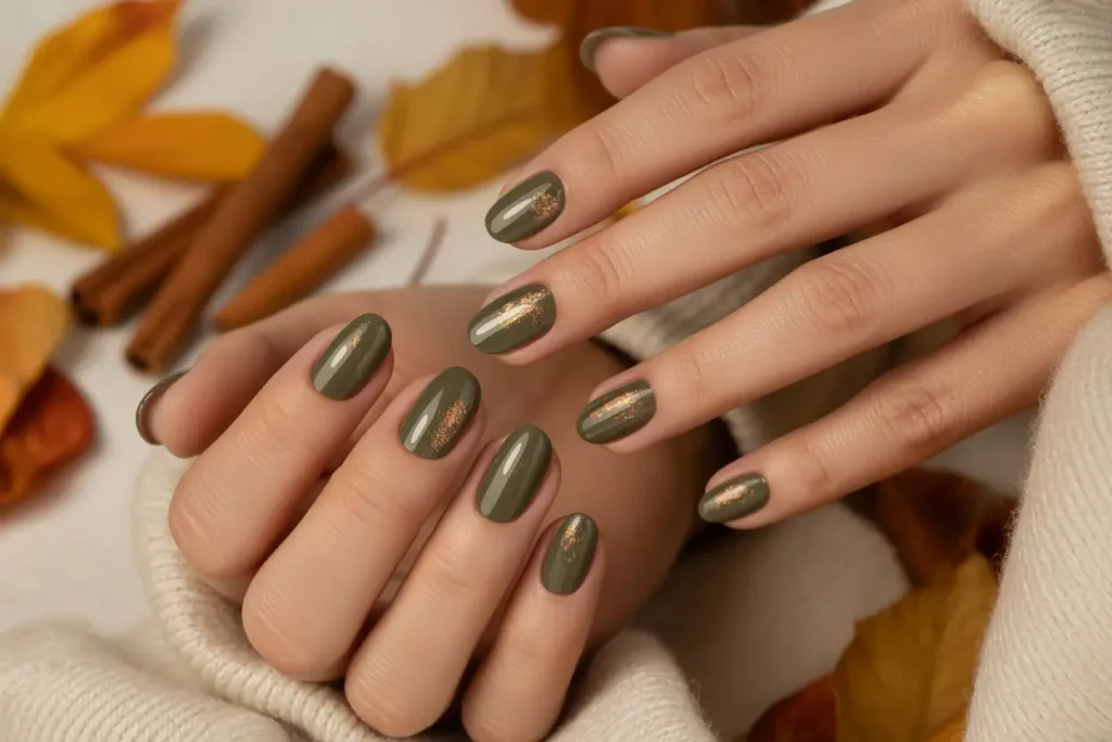 Dusty Olive Nails with Bronze Flecks