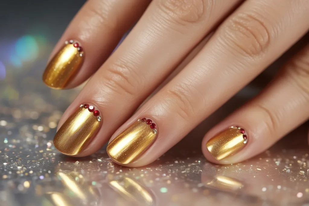 Metallic Gold Nails with Red Rhinestones