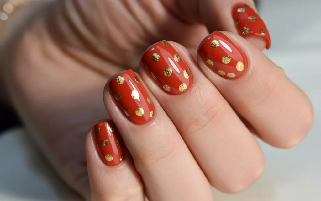 Red Nails Featuring Glittery Polka Dots