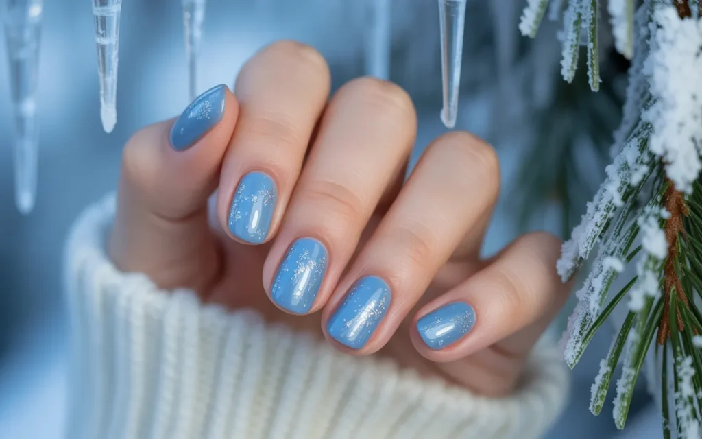 Frosted Blue Nails with Silver Glitter