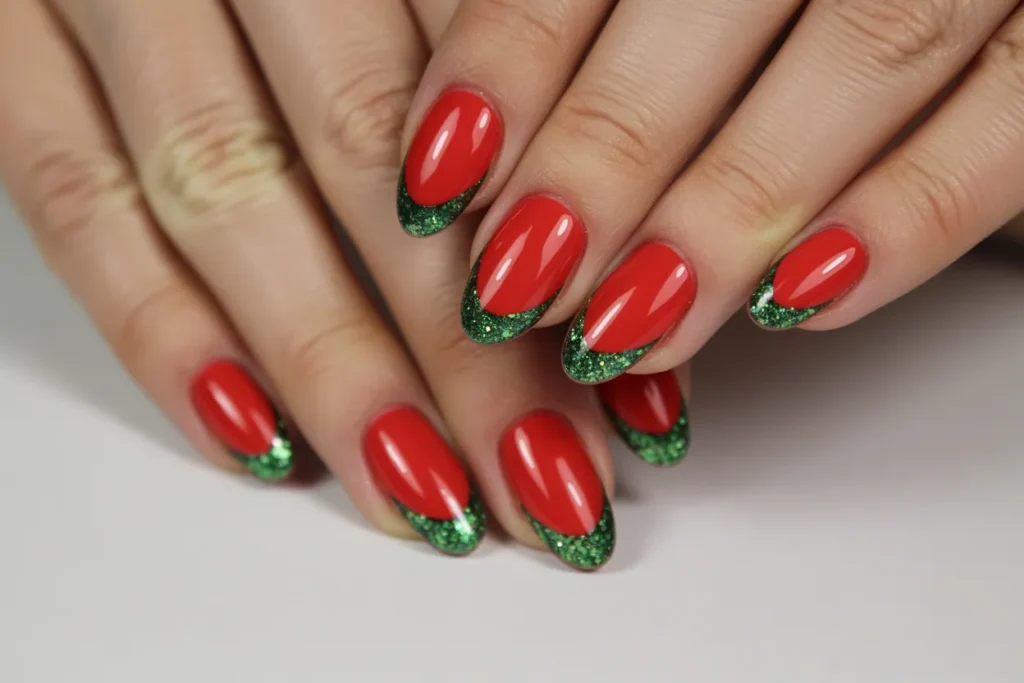 Bright Red with Green Glitter French Tips