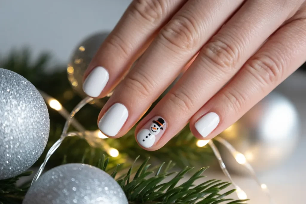 Glossy White Nails with Snowman Art