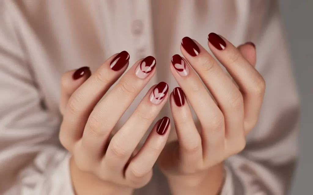 Burgundy Tips with Negative Space Hearts