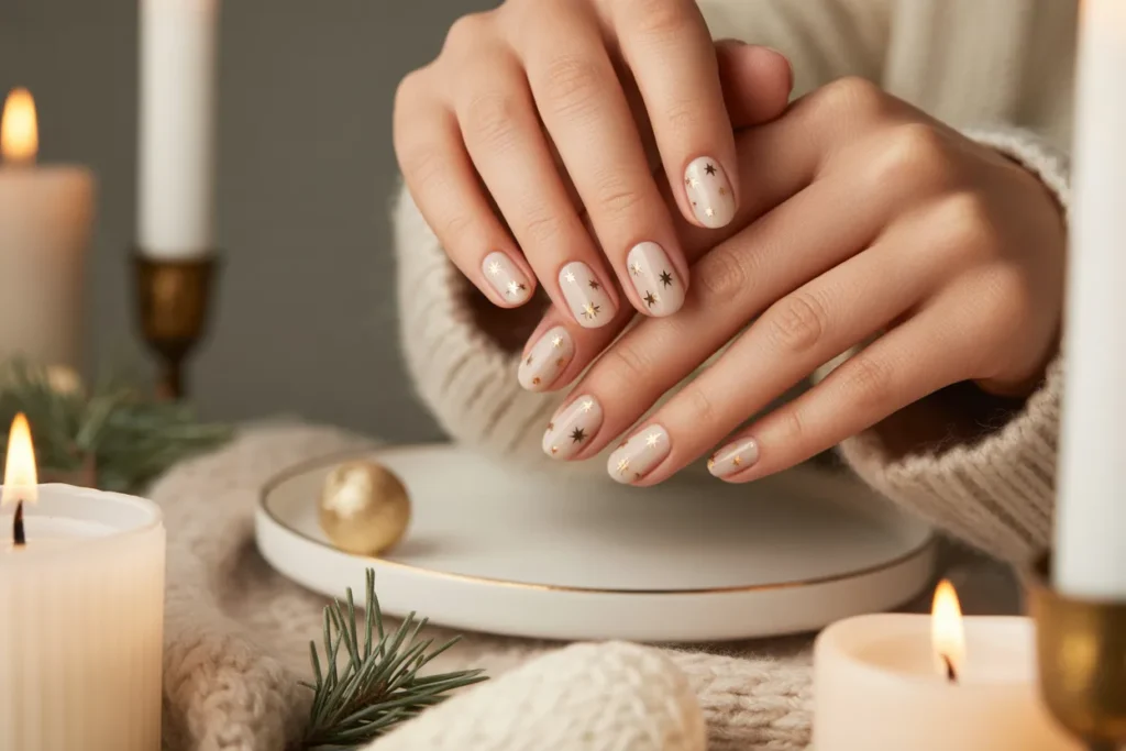 Beige Nails with Tiny Gold Stars