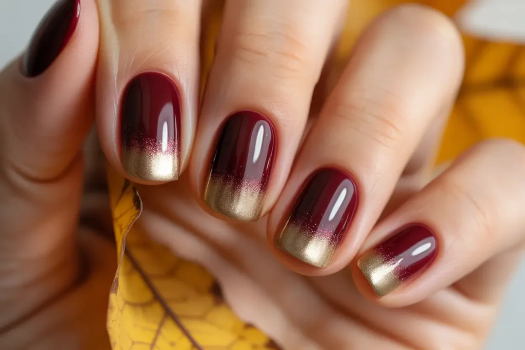 Wine and Gold Ombré Nails